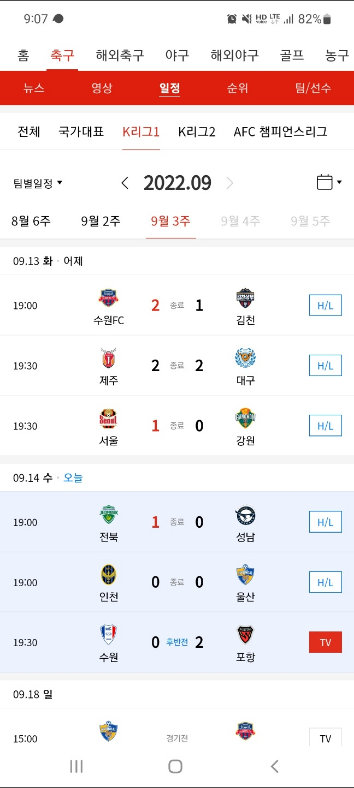 축구경기일정, K리그 프로축구, 프리미어리그, 국가대표 중계