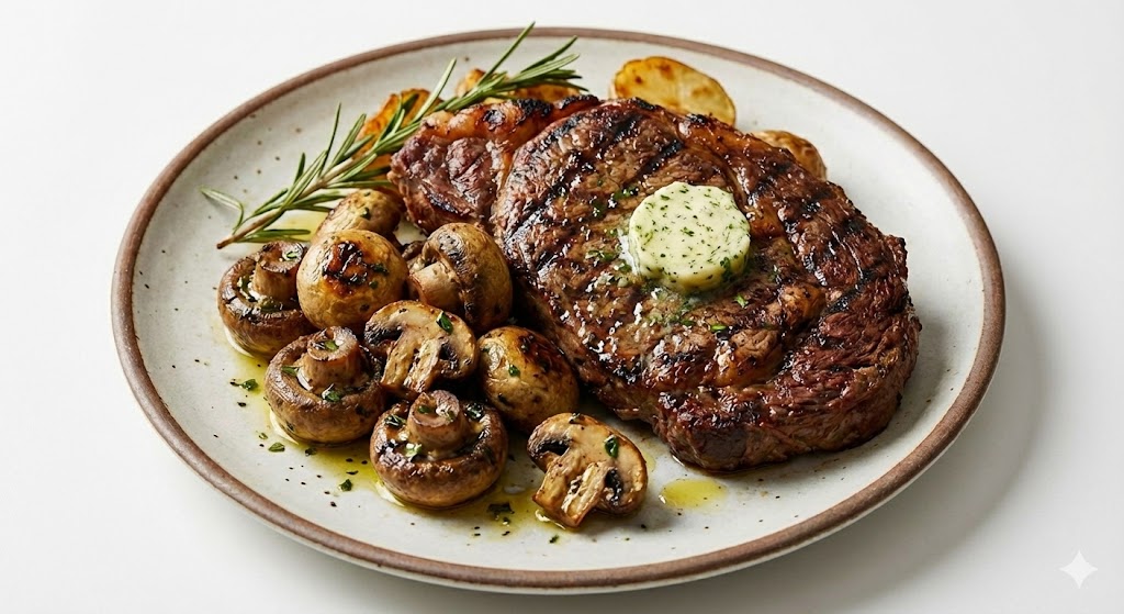 천연 소화 효소가 풍부한 양송이버섯을 육류 요리에 곁들여 단백질 분해를 돕고 소화 불량을 예방하는 궁합이 좋은 스테이크와 버섯 가니시