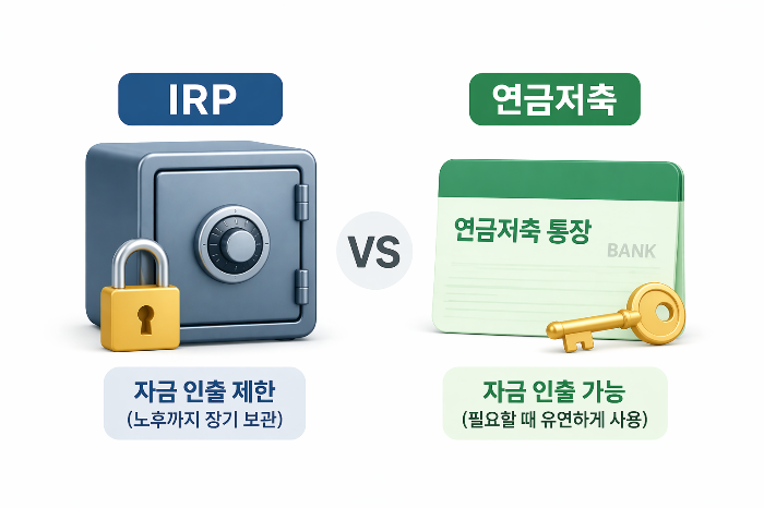 IRP는 자금이 묶이고 연금저축은 인출 가능성을 가진 구조를 보여주는 이미지