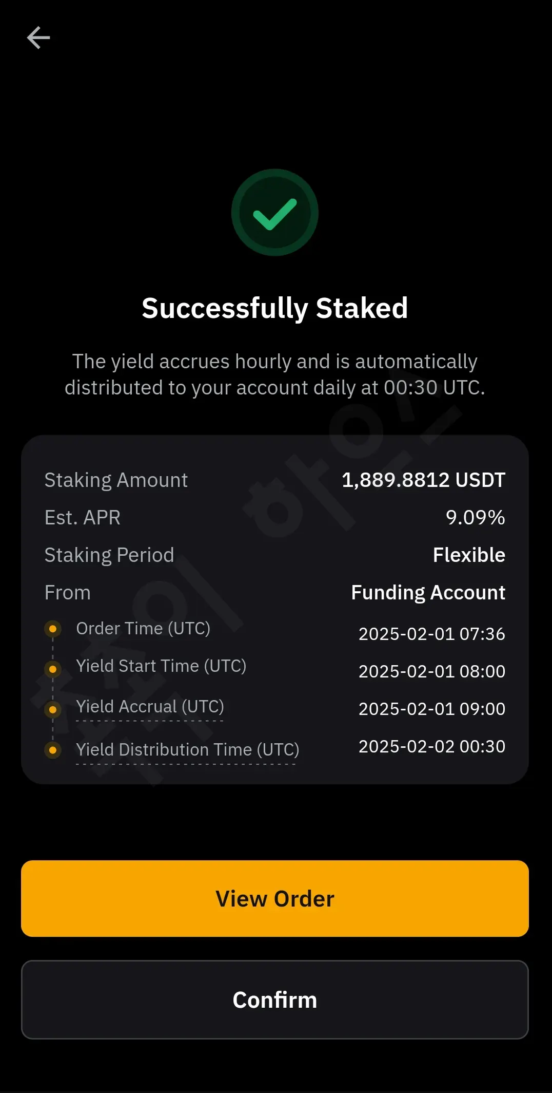 Bybit USDT Flexible Savings 성공 스테이킹 화면&amp;#44; 1889.8812 USDT 예치 완료&amp;#44; 수익 시간별 적립 및 일일 분배 안내