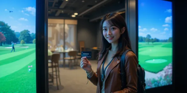 멤버십 카드를 들고 스크린골프 부스로 들어가는 여성의 모습