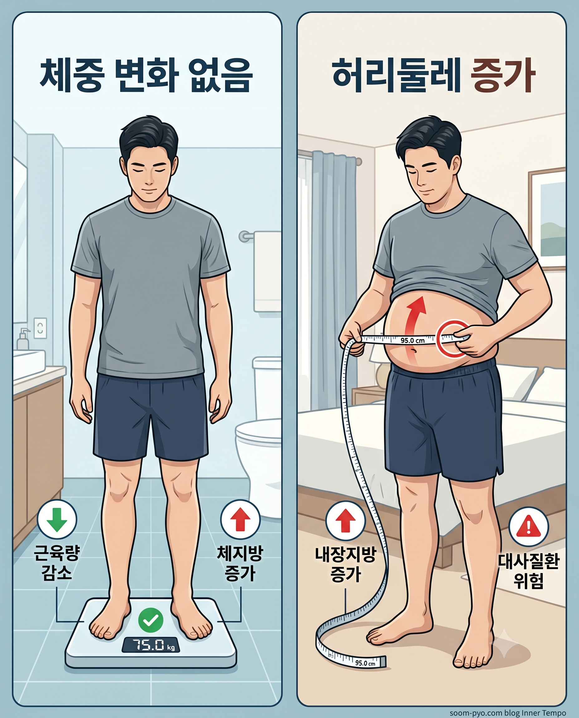 체중계 숫자는 그대로인데 허리둘레가 늘어난 비교