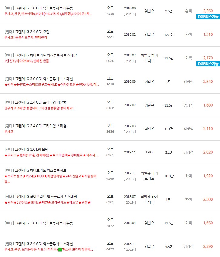 그랜저IG 중고차 시세 : 920만원~3,980만원