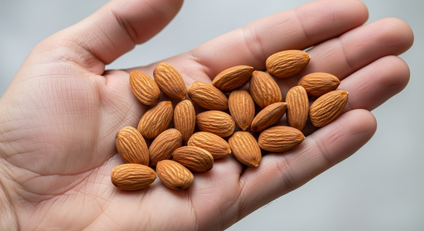 손바닥 위에 올려진 아몬드 23알을 보여주는 사진
