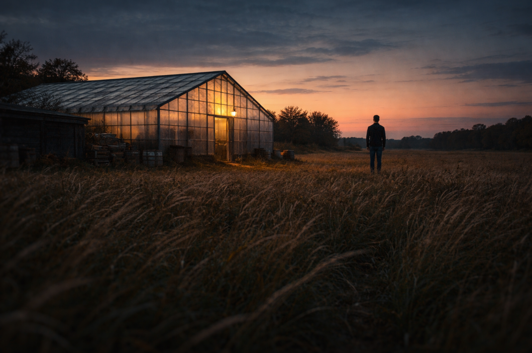 해 질 무렵 넓은 들판과 비닐하우스 근처에 한 남자가 멀리 서 있는 장면