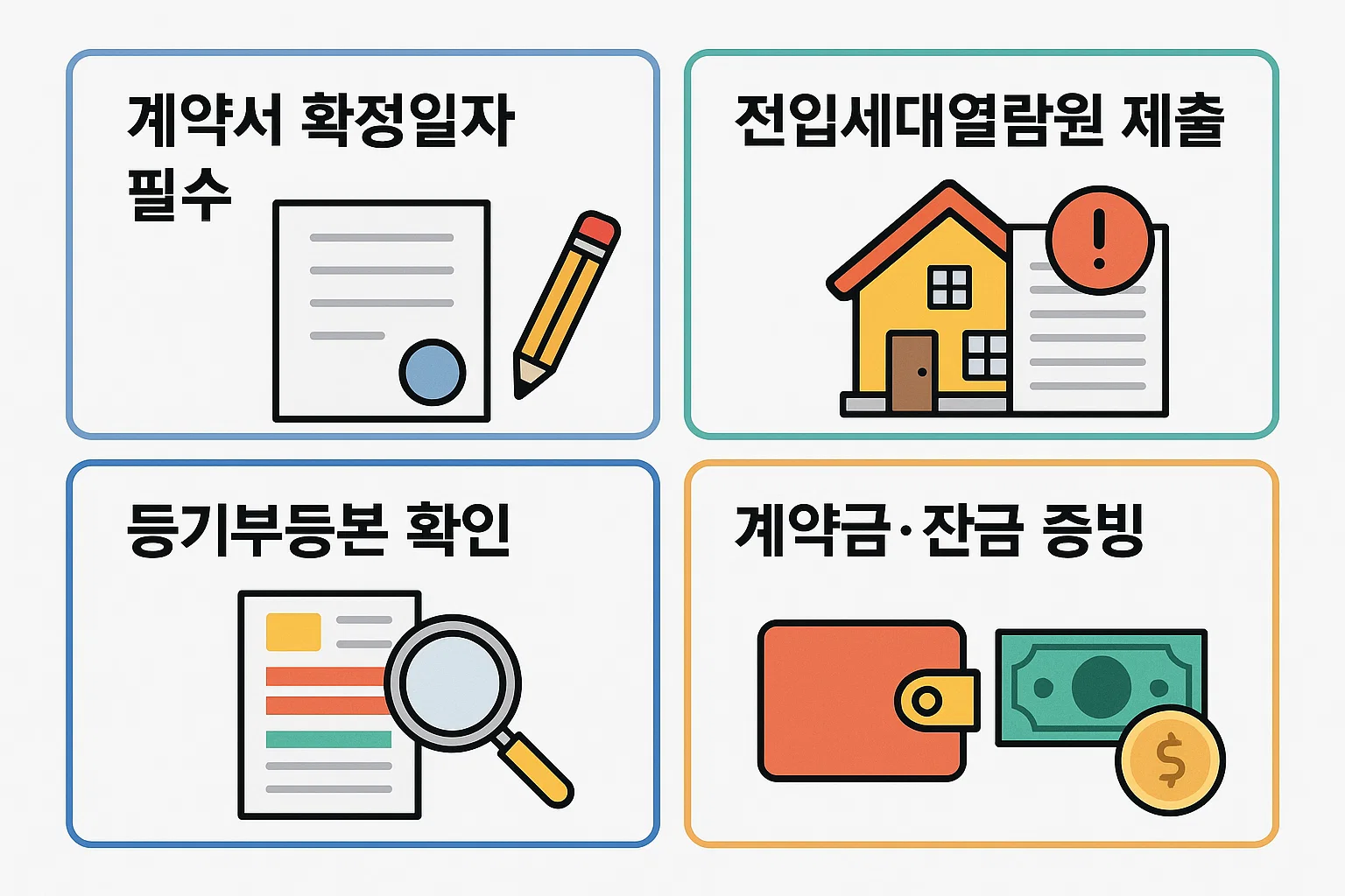 허그 전세보증보험 가입 시 필요한 확정일자 계약서, 전입세대열람원, 등기부등본 확인, 계약금·잔금 증빙 등 필수 서류와 절차를 시각적으로 안내한 인포그래픽 이미지