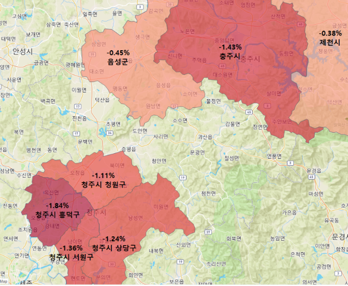 충북 지도 2023년 아파트 가격 변동 23년2월1주차