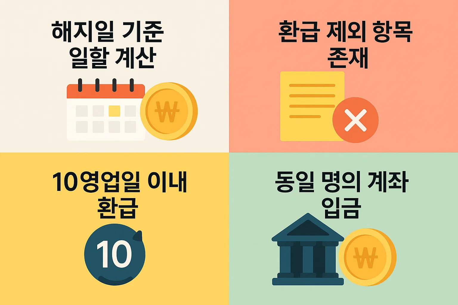 신용카드 해지시 연회비 환급이 어떻게 산정되는지, 해지일 기준 일할 계산 원칙, 환급 제외 항목 존재 여부, 지급 방식 등을 2025년 최신 카드사 규정에 맞춰 정리한 정보 이미지