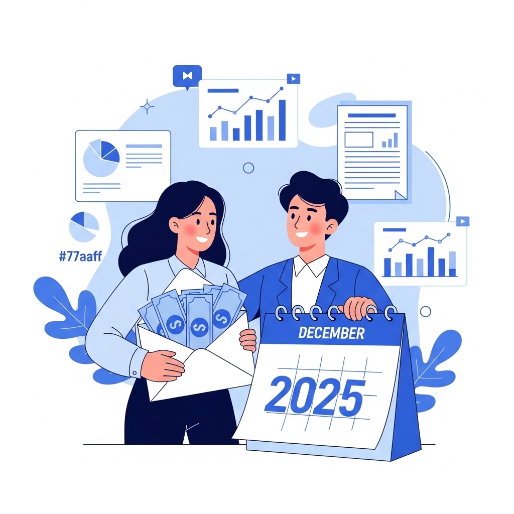 2025년 연말정산을 통해 환급금을 받아 기뻐하는 직장인의 모습. 성공적인 절세 전략으로 13월의 월급을 받는 행복한 순간을 표현한 그림.