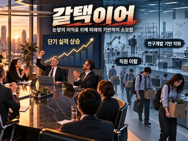 Business illustration showing executives celebrating short-term performance while employees leave and research development resources disappear, symbolizing Galtaegieo
