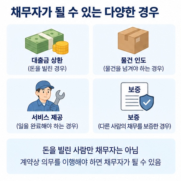 대출과 물건 인도, 서비스 제공, 보증처럼 다양한 채무자 상황을 보여주는 이미지