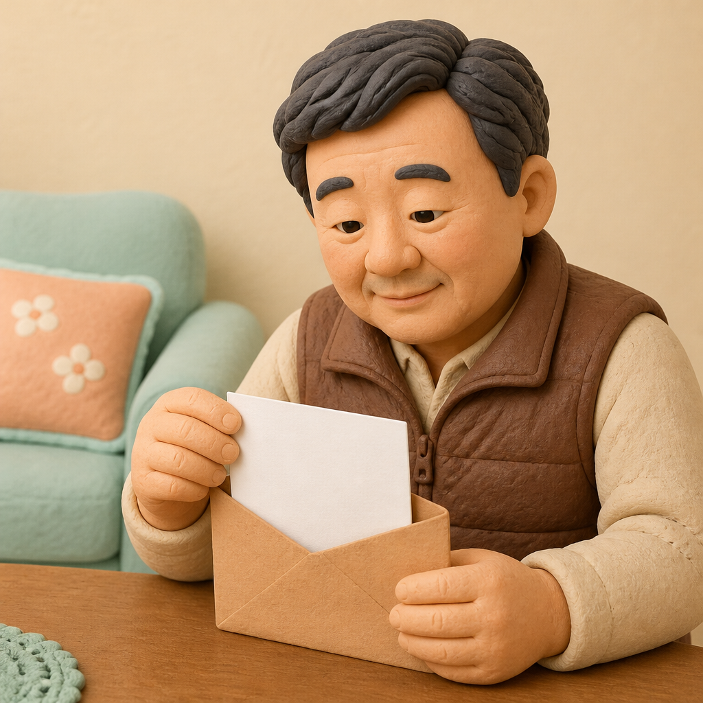거실 식탁에서 우편 봉투 속 서류를 꺼내 읽는 50대 남성