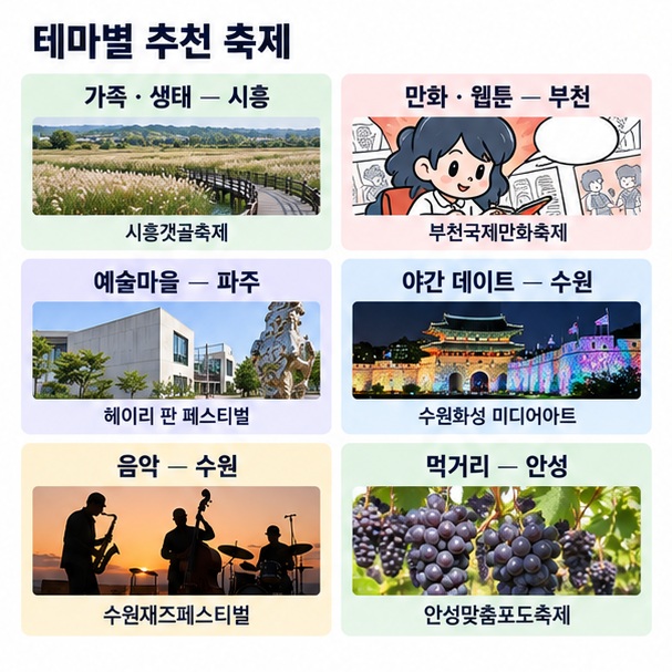 가족 체험 만화 웹툰 예술마을 야간 데이트 음악 먹거리 목적별 경기도 9월 축제를 비교한 이미지
