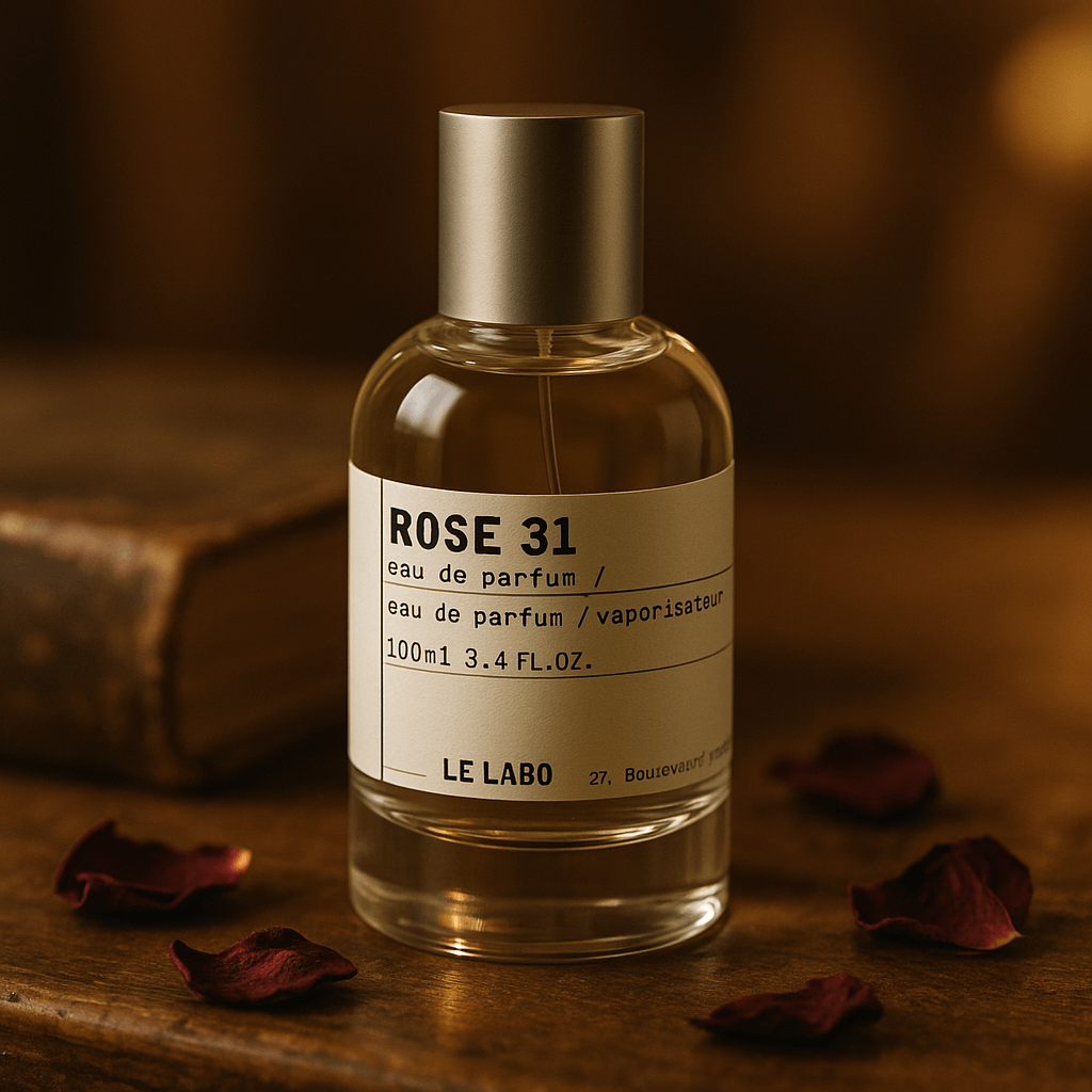 빈티지한 나무 테이블 위에 놓인 르라보 로즈 31 향수 병. 흐릿한 따뜻한 조명 배경 속에 향수 병 옆에는 마른 장미 꽃잎과 오래된 책이 함께 놓여 있어 고급스럽고 미니멀한 니치 향수 분위기를 자아낸다.