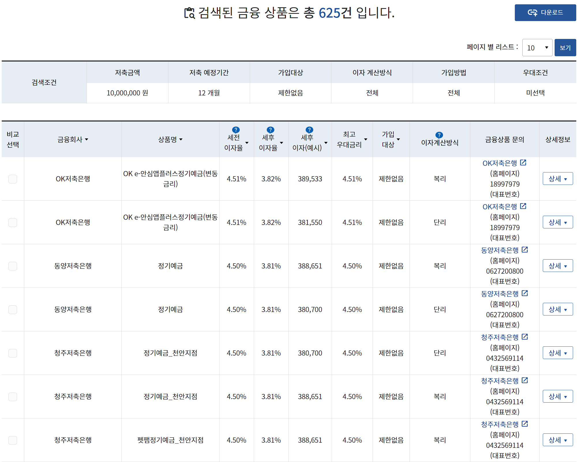 금융상품 조회 화면
