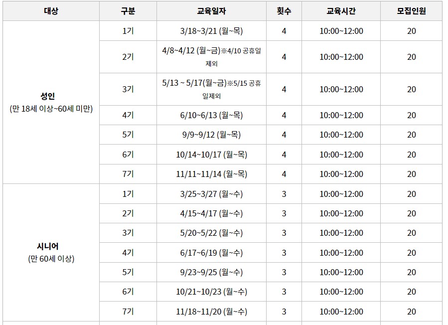 2024 광나루 자전거 안전교실 운영 일정