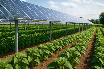 농작물 위에 설치된 태양광 패널 아래서 작물이 자라고 있는 풍경