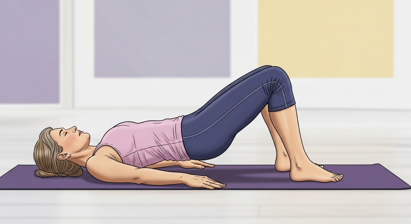 중년 여성이 매트 위에서 힙 브릿지 운동을 하며 엉덩이와 코어 근력을 강화하는 모습.