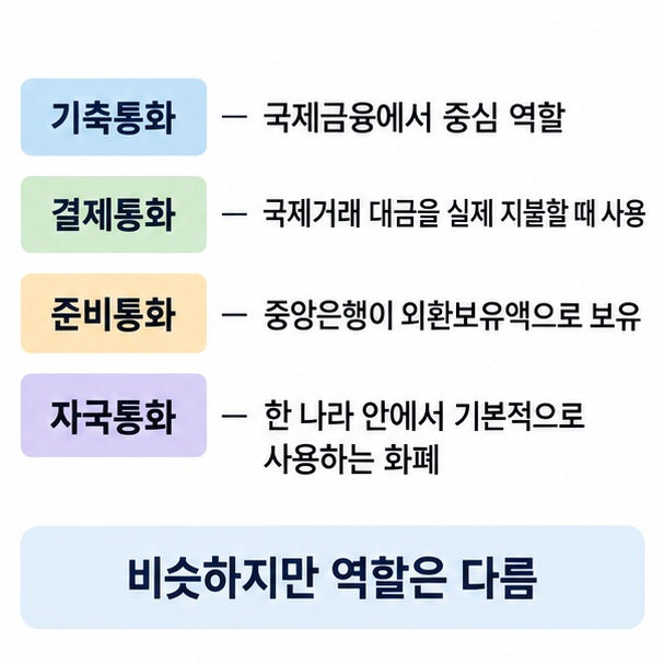 기축통화 결제통화 준비통화 자국통화의 뜻과 차이를 표로 비교한 이미지
