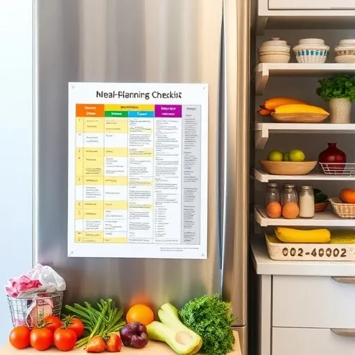 냉장고 문에 붙어있는 식단 계획표나 검사 전 준비물 체크리스트가 보이고, 그 주변에 준비해야 할 음식 재료들이 가지런히 놓여 있습니다. 계획적이고 효율적인 준비를 시사합니다.