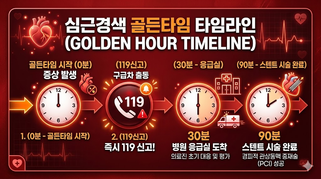 심근경색 골든타임 90분 119신고 응급실 스텐트 시술 순서 타임라인