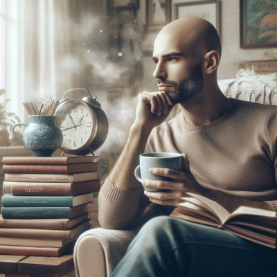"책과 커피 컵을 손에 쥔 남성"