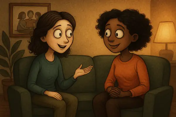 편안한 공간에서 상담사와 대화를 나누며 지지받는 사람 또는 따뜻한 커뮤니티의 모습을 팀 버튼풍으로 표현한 감성 일러스트