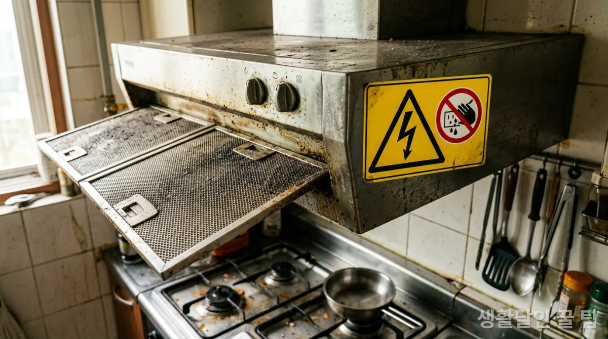 위험 경고 표시가 있는 주방 후드