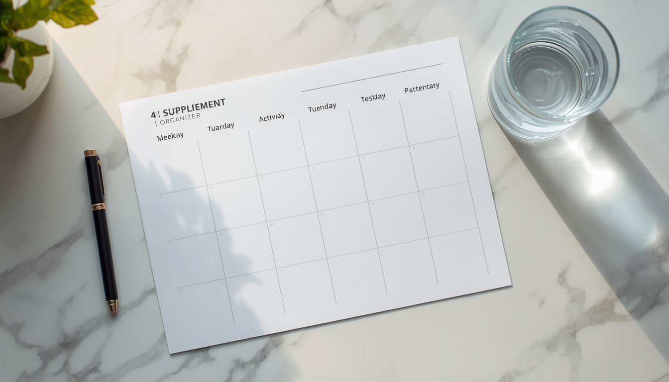 Weekly pill organizer arranged neatly on a marble desk illustrating the pulse dosing protocol for optimal supplement absorption