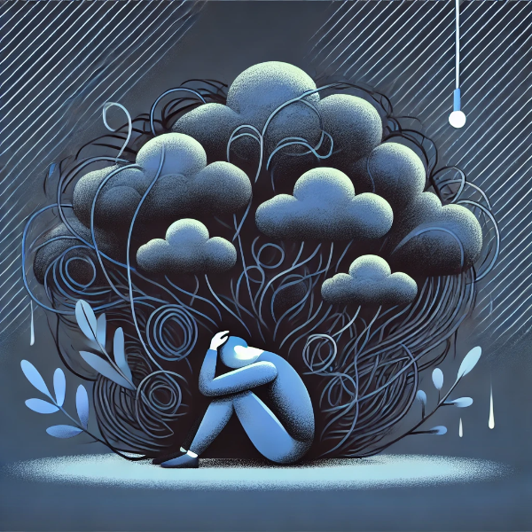번아웃을 상징하는 추상적인 이미지, 무거운 구름과 스트레스를 표현하는 선들