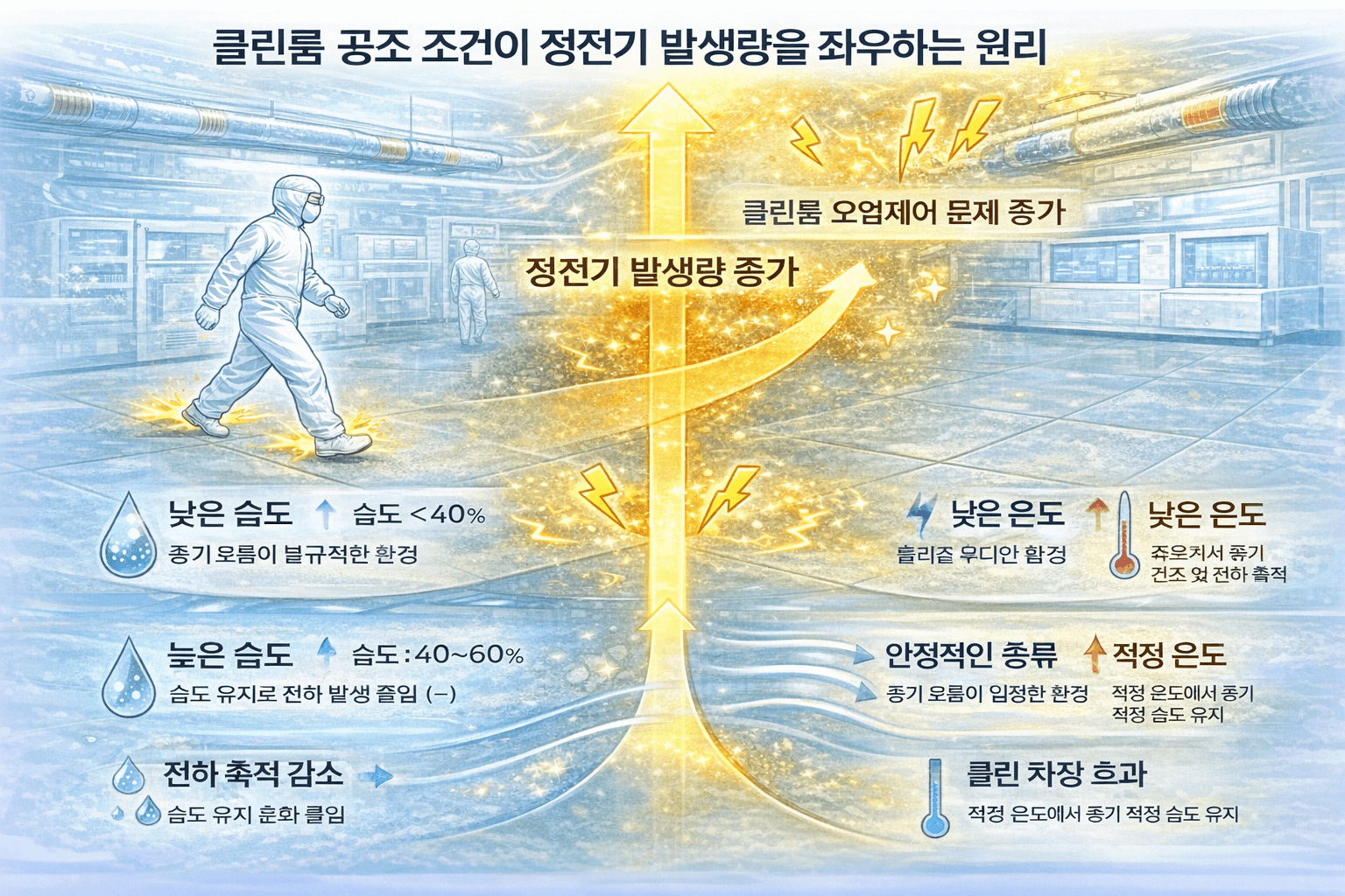 클린룸 공조 조건이 정전기 발생량을 좌우하는 원리를 설명하는 이미지
