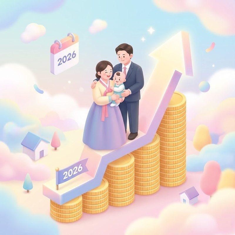2026년 국민연금 개편으로 혜택을 받는 한국 가족과 상승하는 그래프 일러스트