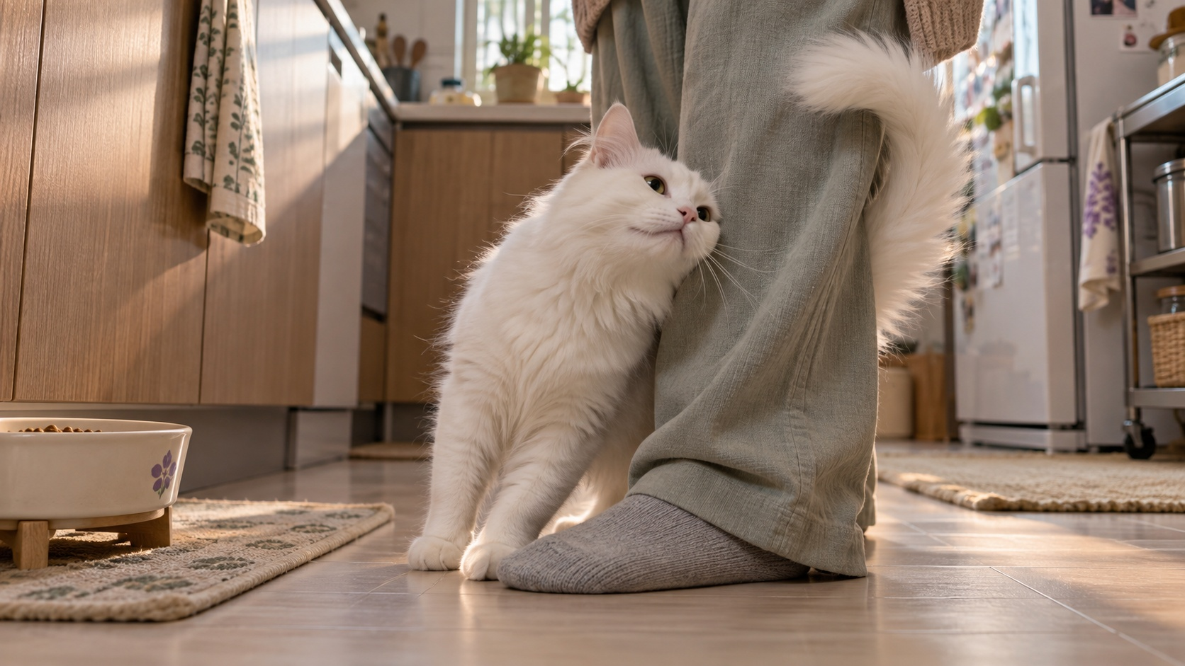 사람 발목에 꼬리를 감고 서 있는 흰 고양이