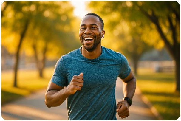조깅하며 활기차게 웃는 사람의 모습으로 운동을 통한 뇌 활성화 상징