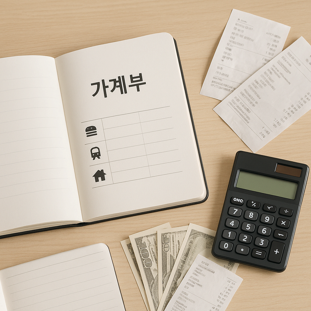 가계부와 영수증으로 불필요한 지출을 기록하는 모습