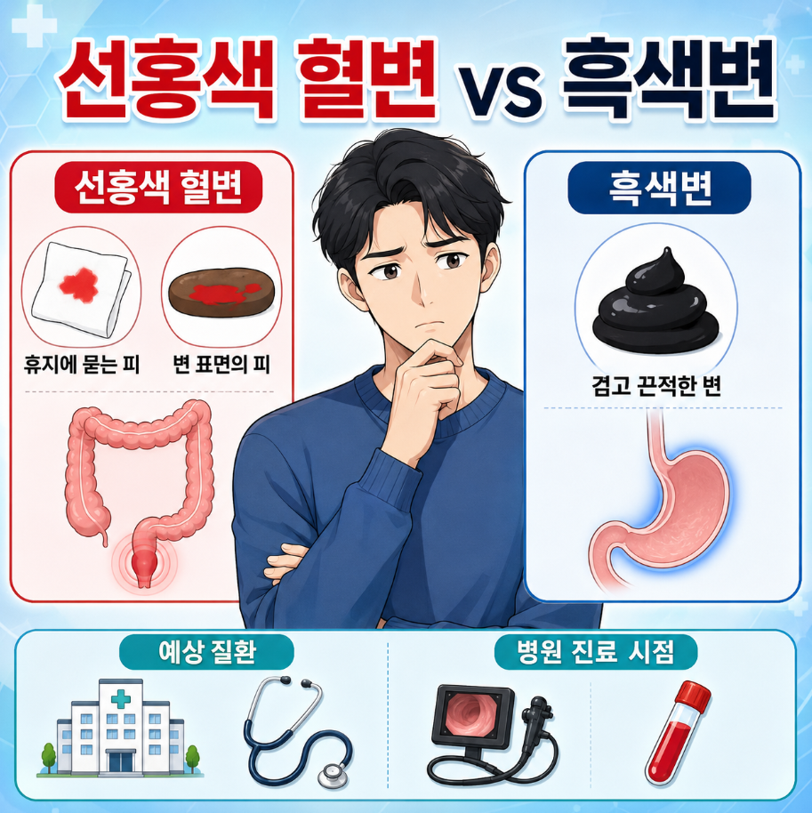 선홍색 혈변과 흑색변의 피 색과 변 모양 차이 및 병원 진료 시점을 비교한 인포그래픽
