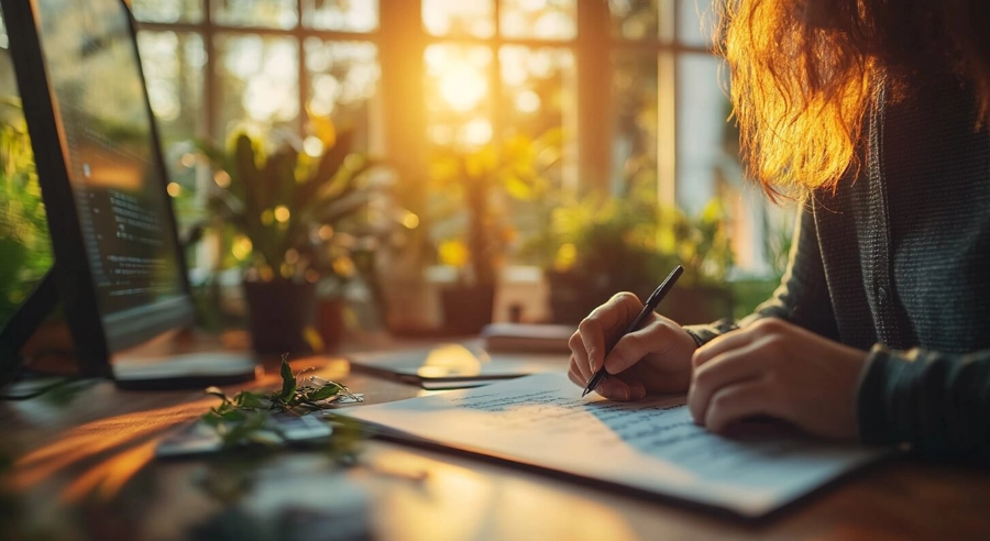 새벽 기상 후 블로그 포스팅을 위해 켜진 컴퓨터와 정적 속에 놓인 책상 풍경.