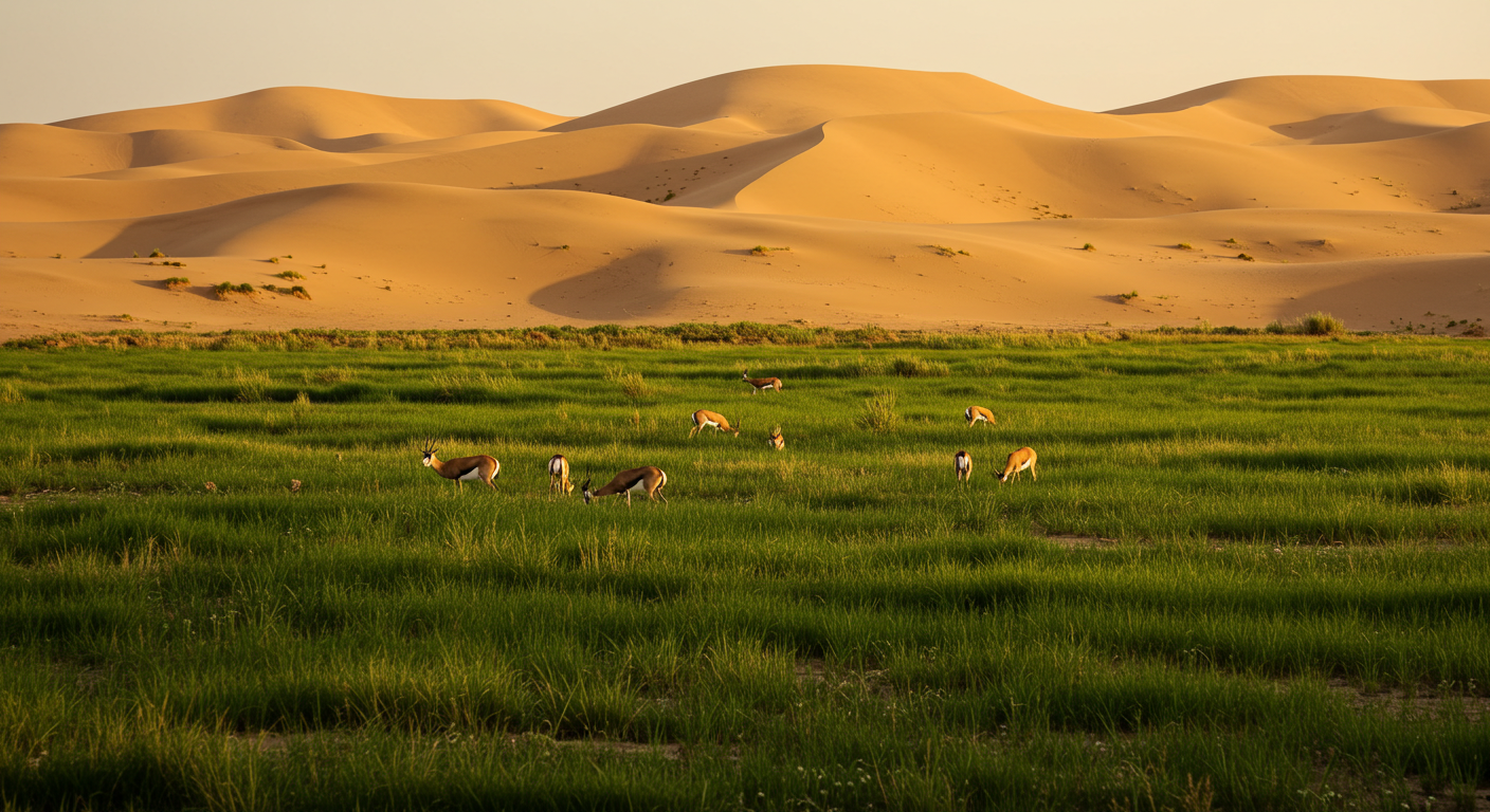 녹지로 뒤덮인 사하라 사막 풍경과 풀밭 위의 영양 무리 &ndash; 과거 아프리카 습윤기의 생태계를 상상한 장면