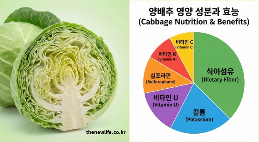 위 점막을 보호하는 비타민U와 항암 성분인 설포라판, 혈압 조절을 돕는 칼륨 등 양배추의 6대 핵심 영양 성분과 주요 효능을 정리한 분석표
