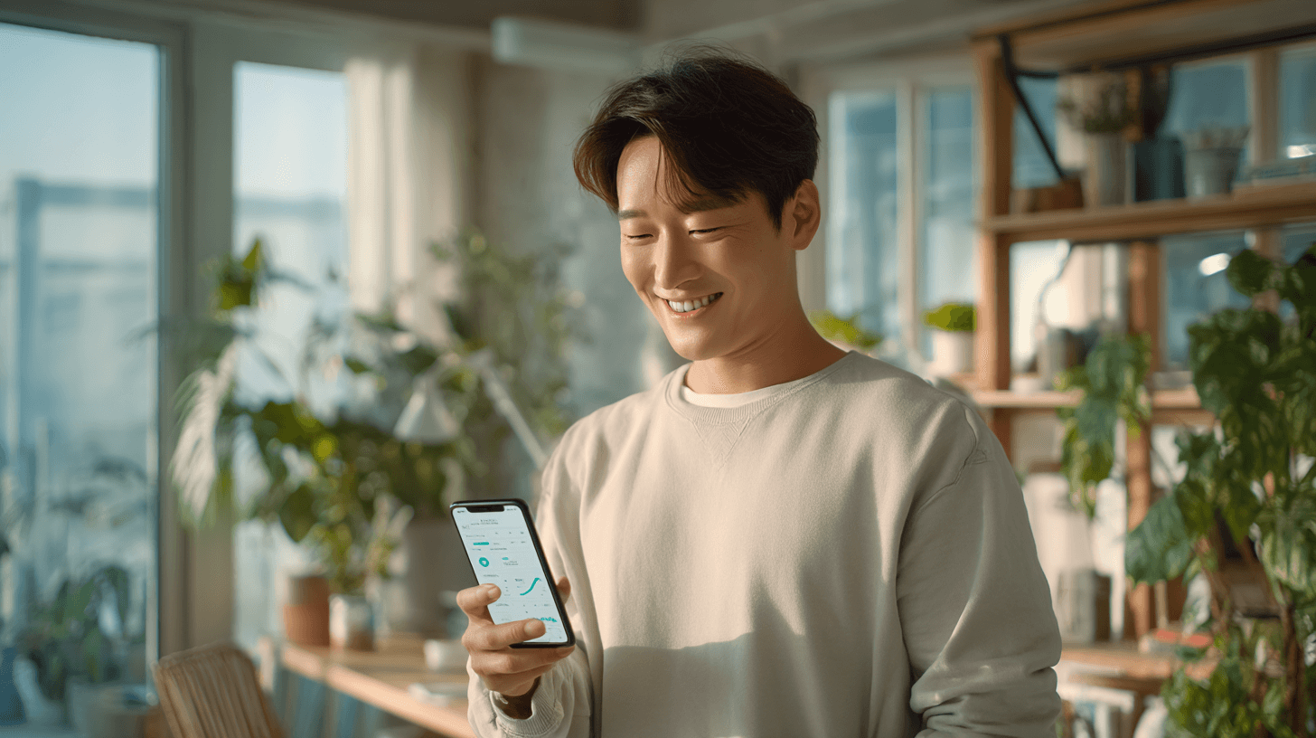 핸드폰을-들고-미소짓는-사람