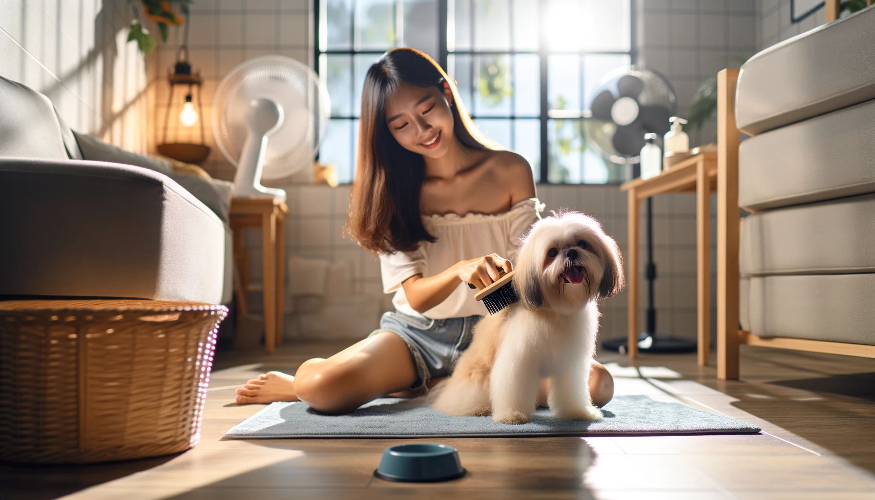 여름철 실내에서 시원한 매트 위에 앉아 있는 말티즈 반려견을 여성이 부드럽게 빗질하는 모습.