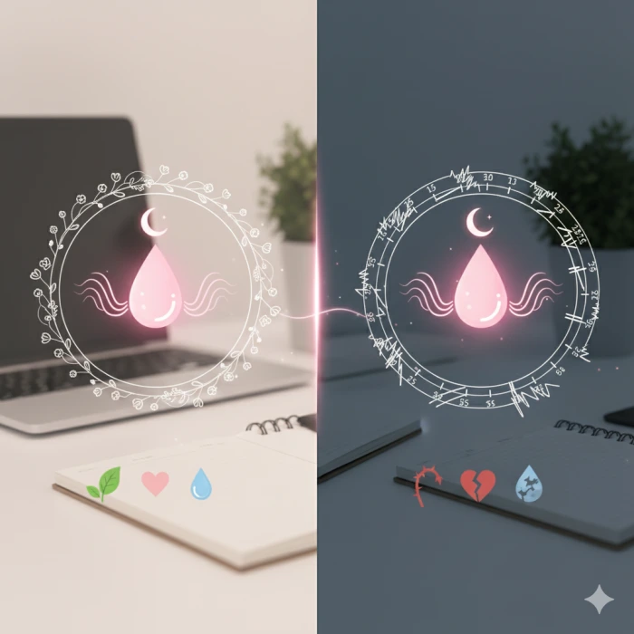 밝은 배경의 노트북과 노트 위에는 건강한 생리 주기를 상징하는 초승달과 꽃, 물방울 모양의 핑크색 아이콘이, 어두운 배경의 노트북과 노트 위에는 불규칙한 생리 주기를 상징하는 붉은 가시, 깨진 하트, 파란 물방울 아이콘이 대비되어 있는 이미지.