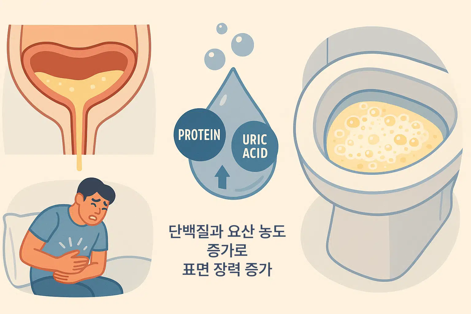 소변이 방광에서 빠르게 배출되는 장면의 단면도, 소변 내 단백질·요산 농도가 높아 표면 장력이 증가하는 그래픽, 단백뇨로 인한 거품이 오래 남는 모습