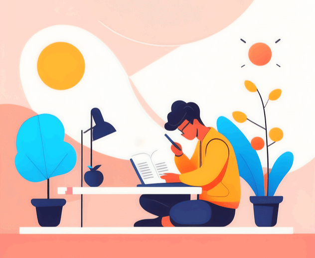 남자 학생이 방바닥에 앉아 책상 앞에서 책을 읽고 있다. 주변엔 화분과 전등이 있다.