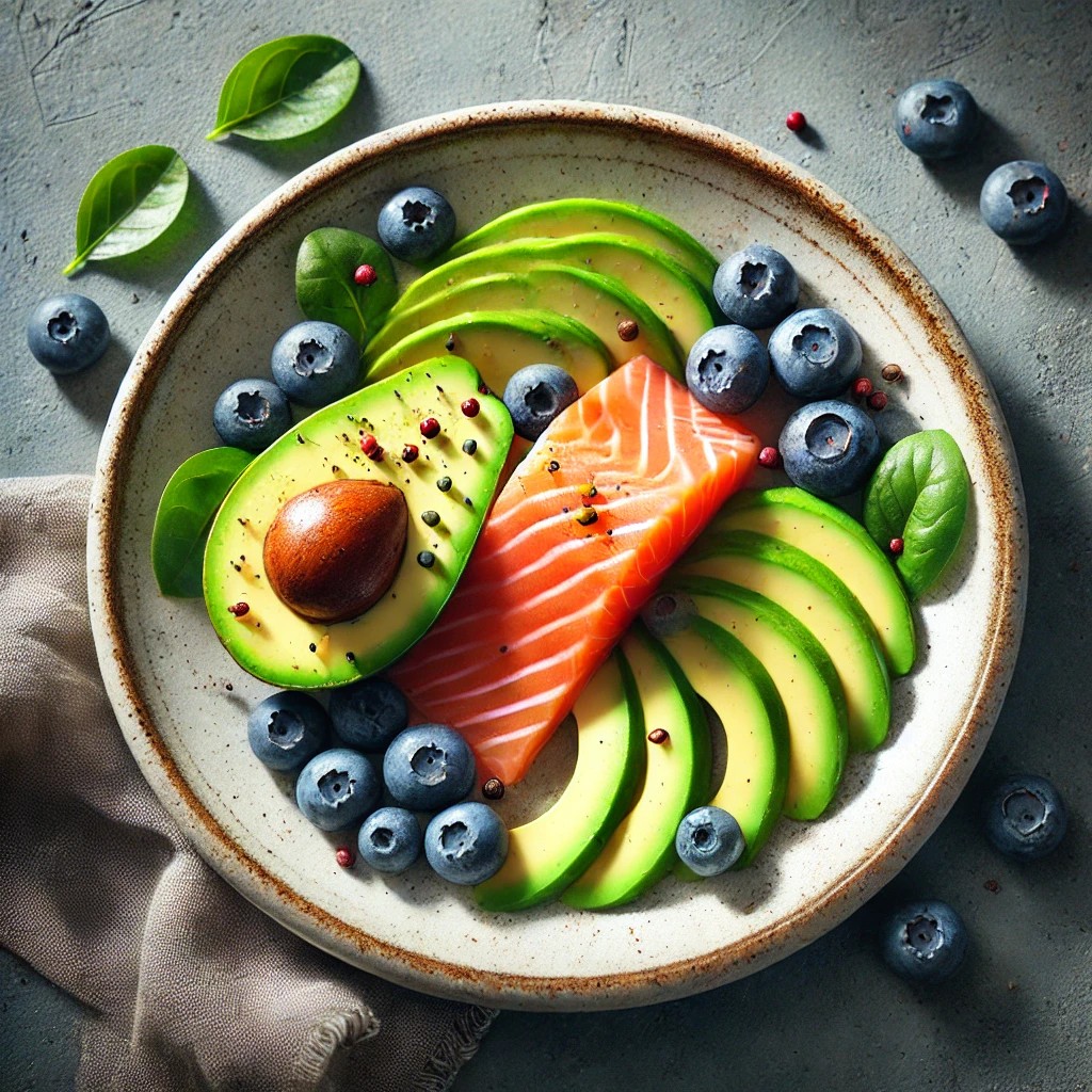 salmon, avocado pieces, and blueberries on a dish