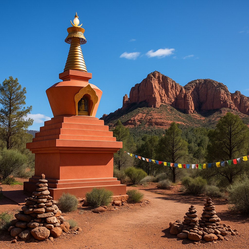 붉은 바위와 어우러진 세도나 스투파와 돌탑, 기도 깃발