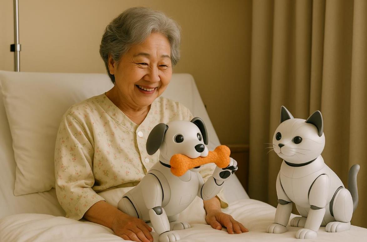 병실에서 노년의 여성이 로봇 강아지와 로봇 고양이를 바라보며 미소 짓는 장면