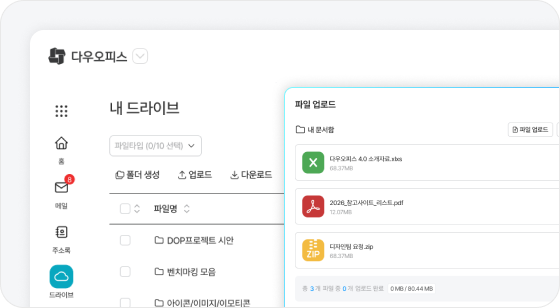 다우오피스 드라이브에서 업무 파일을 업로드하는 화면, 회사 기준 파일 관리 예시