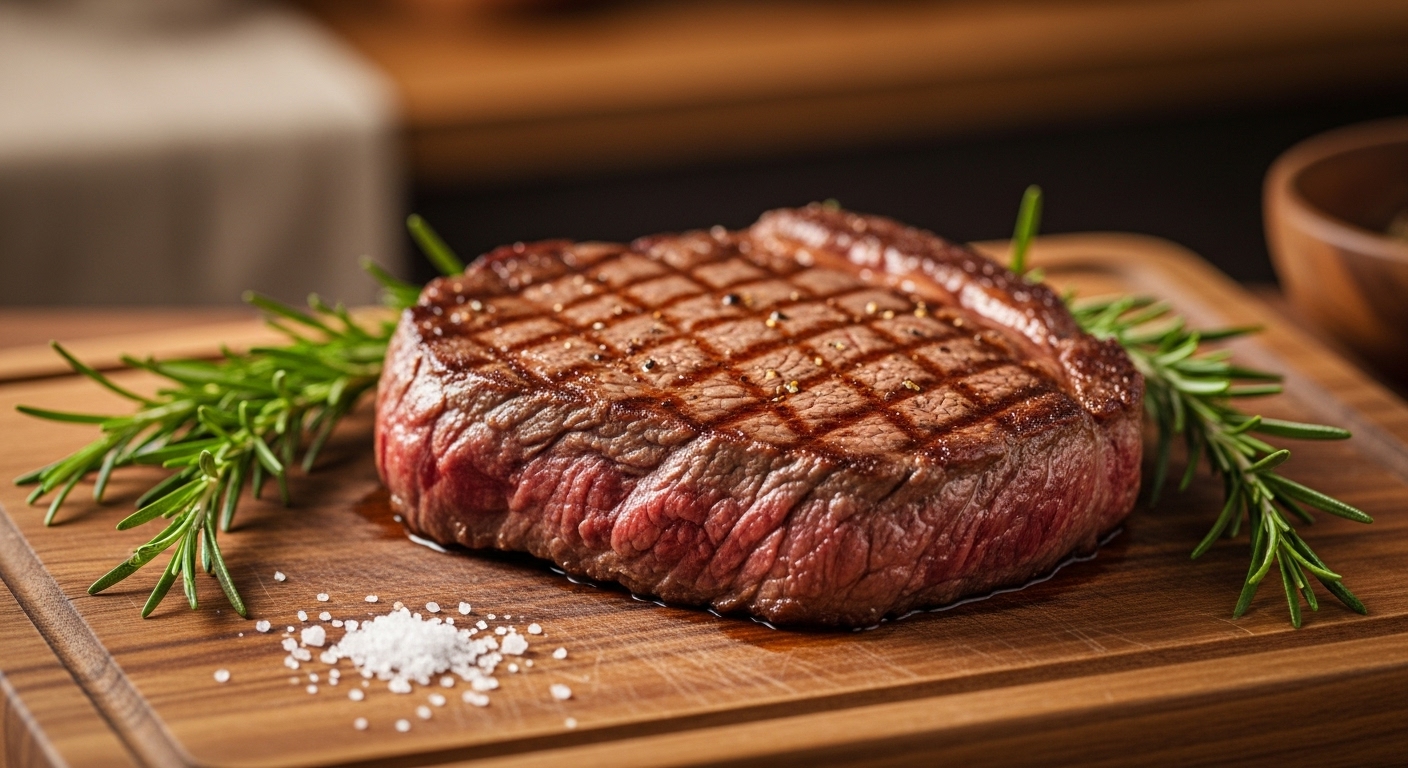 마블링이 훌륭한 한우 스테이크가 나무 도마 위에 먹음직스럽게 놓여 있다.