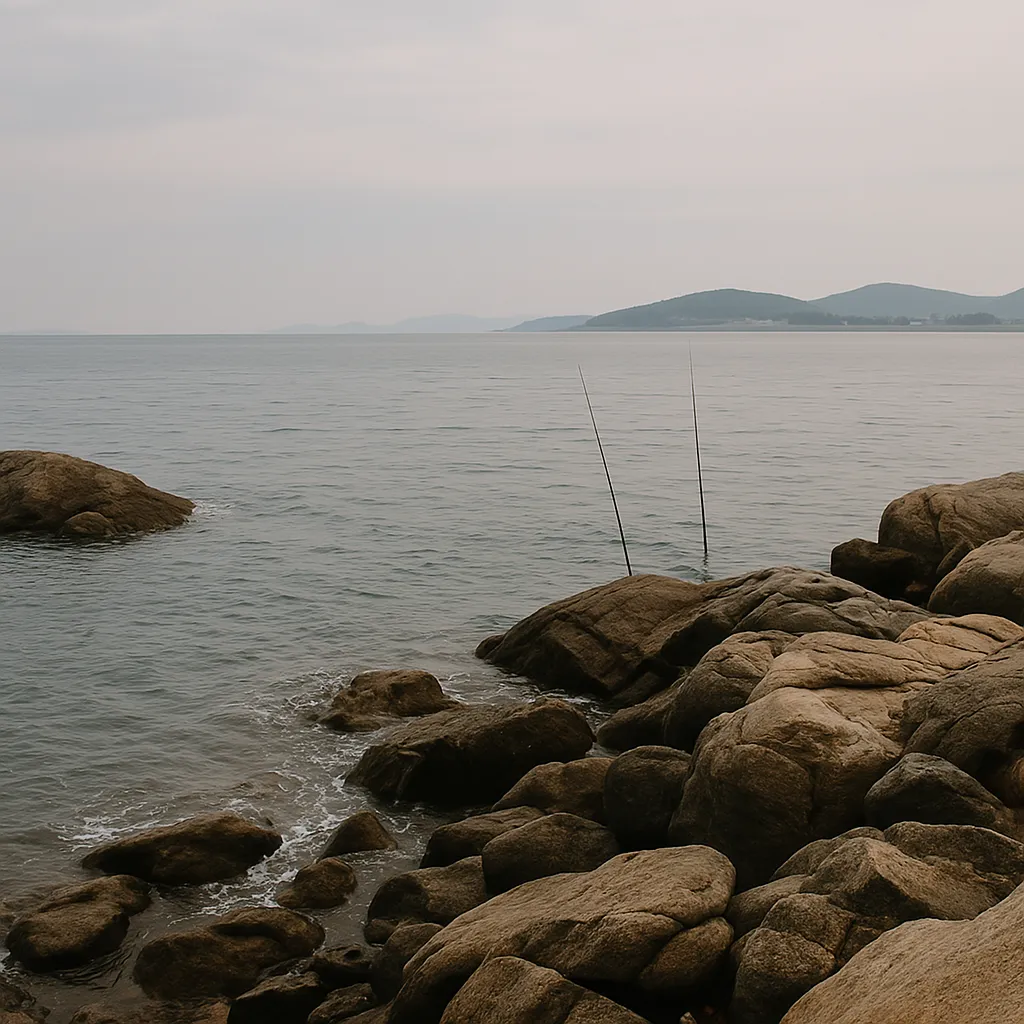조용한 해안가 바위 위에 낚싯대가 꽂혀 있는 실제 낚시 풍경